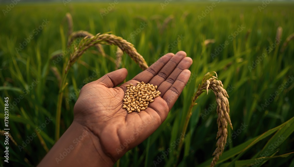 Naklejka premium Hands holding golden rice seeds in agricultural setting, symbolizing cultivation and farming techniques