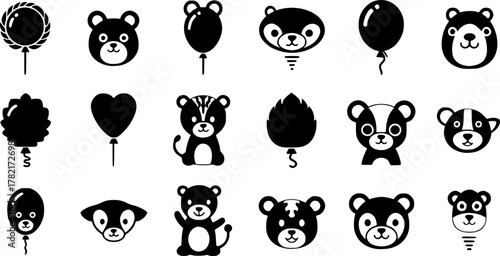 various balloon animals, including dogs, turtles, butterflies, and snails, simple, clean lines, graphic, vector illustration, flat design, minimalist