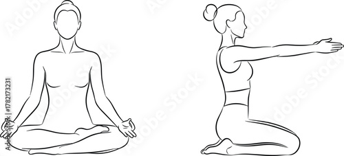 Yoga woman practicing meditation and stretching poses, mindfulness exercise vector illustration, peaceful lifestyle, wellness and balance concept art