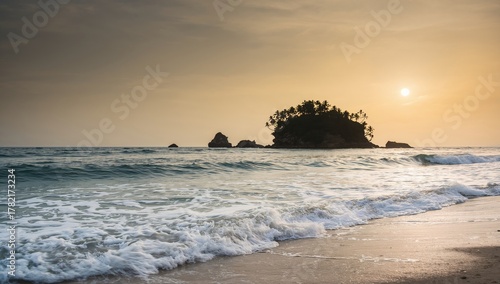 Fototapeta Naklejka Na Ścianę i Meble -  Waves crashing on a sandy beach with palm trees and island rocks in the distance, summer travel destination, relaxation