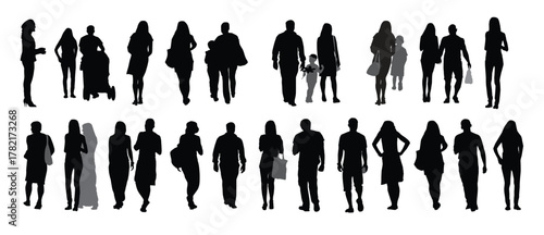 Set of silhouette walking people and children vector