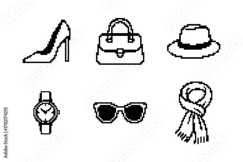 Pixelated High Heel Shoe, Handbag, Hat, Watch, Sunglasses, and Scarf on a White Background
