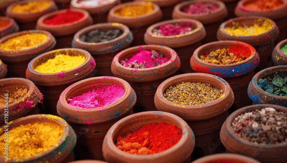 Fototapeta premium Colorful clay pots filled with vibrant hues of yellow, pink, red, and green, showcasing a festive atmosphere, Happy Holi