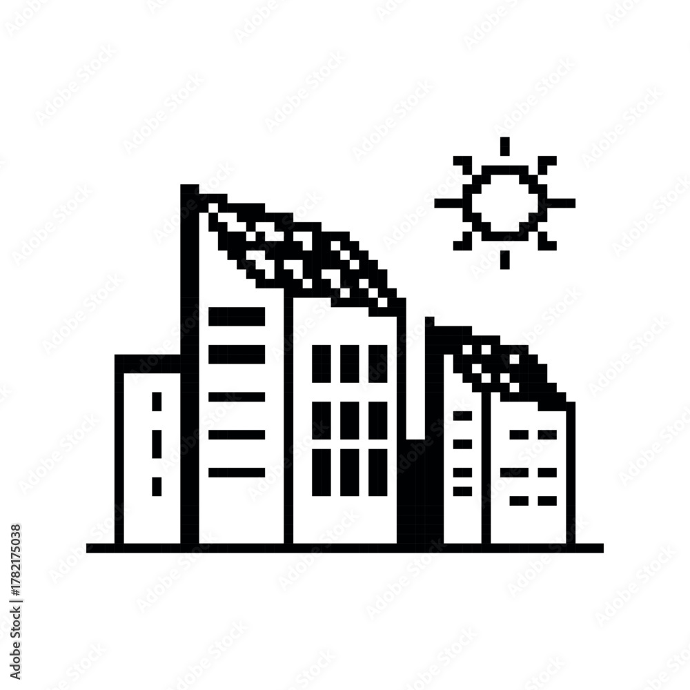 Fototapeta premium Pixelated Buildings with Windows and Rooftop Detail Under a Geometric Sun
