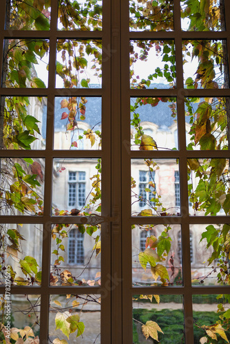 View of the facade of a private mansion in the Marais district of Paris