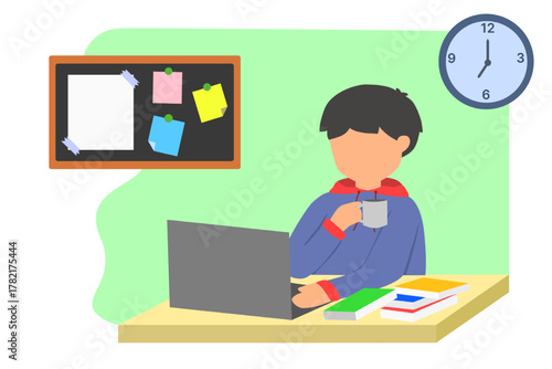 Morning scene illustration of man working from home on laptop. Great for concepts of focus, routine, and productivity.