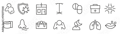 Flu and illnesses line icon set. COVID, cough, fever, lung CT scan, headache, pneumonia, ncov-2019, lungs, kidney, brain, bones line icon set. UI thin line icon pack.