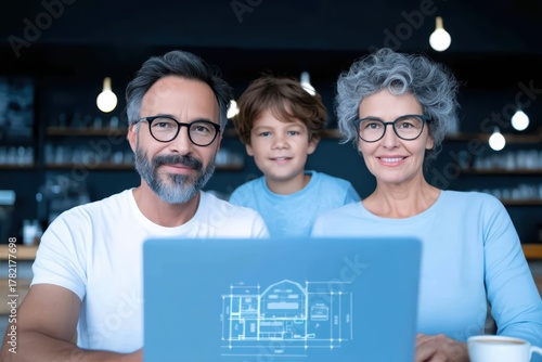 Family Togetherness in a Modern Cafe with Laptop, Smiling Faces, and Architectural Plans for Home Renovation