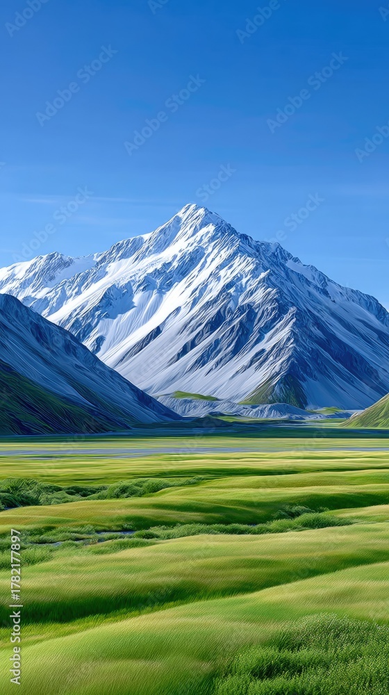 Obraz premium Vast Green Meadow With A Pristine Snow Capped Mountain Under A Clear Blue Sky