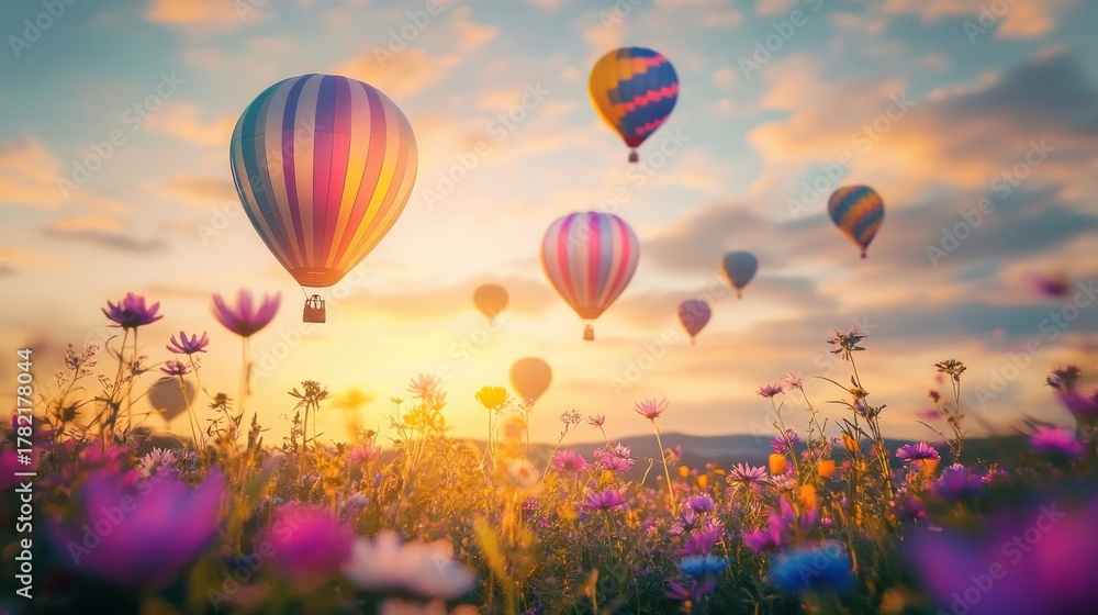Obraz premium Colorful hot air balloons over a vibrant flower field at sunrise