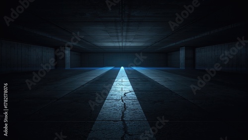 Fototapeta Naklejka Na Ścianę i Meble -  Futuristic sci-fi themed blue laser beam piercing through cement fissures in a sleek, minimalist underground setting