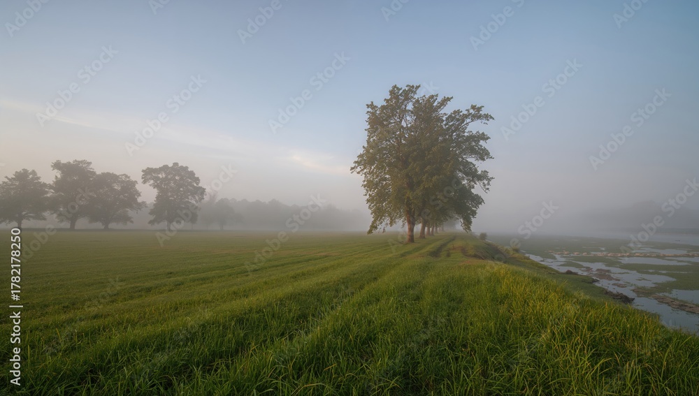 Obraz premium In the early morning, a foggy field next to the river creates an atmosphere of isolation