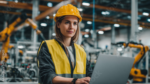 Female engineer in yellow hard hat working on laptop in factory with industrial robotic arms.