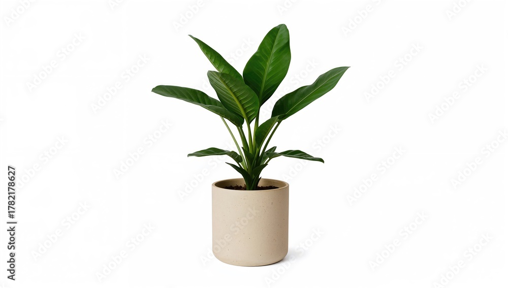 Fototapeta premium Zamioculcas plant in a beige planter, beneficial indoor greenery