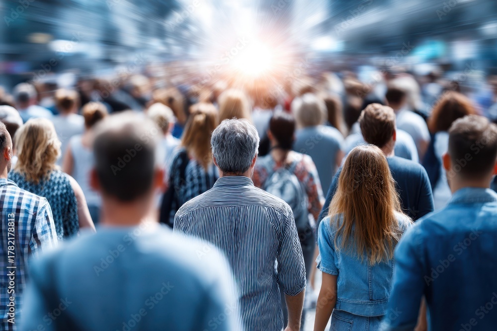 Fototapeta premium Crowd walking towards bright light in a bustling city during the day