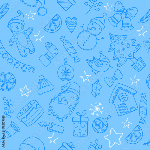 Christmas pattern. seamless background with winter celebration decoration doodles trees present boxes toys and snowflakes