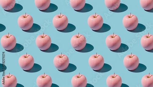 Pink Apples on Light Blue Background Bright Fresh Fruit Minimalist Flat Lay