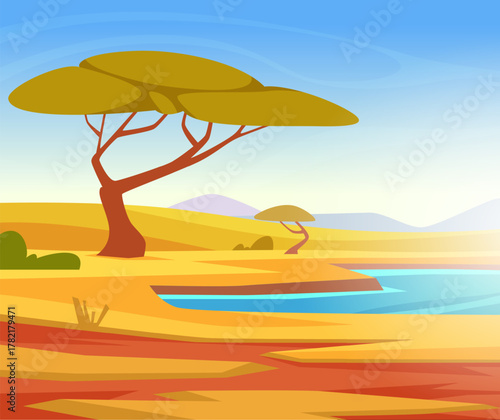 Safari background. outdoor savanna landscape in cartoon style