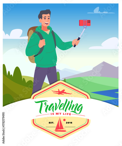 Selfie. traveller making photo on beauty outdoor landscape with big mountains