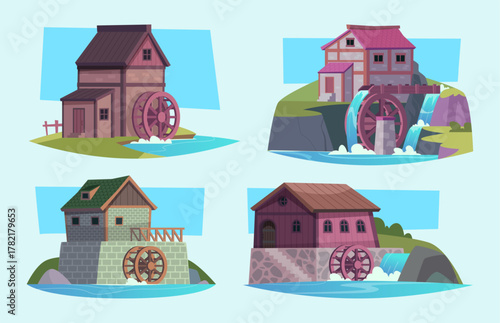Watermill. Wooden old style houses with wheels preparing flour for bread exact vector building illustration in cartoon style