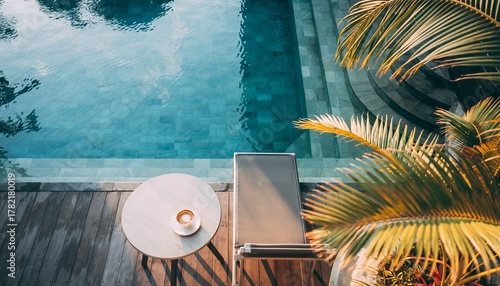 Relaxing Poolside Scene with Lounge Chair and Tropical Plants on Natural Wooden Deck