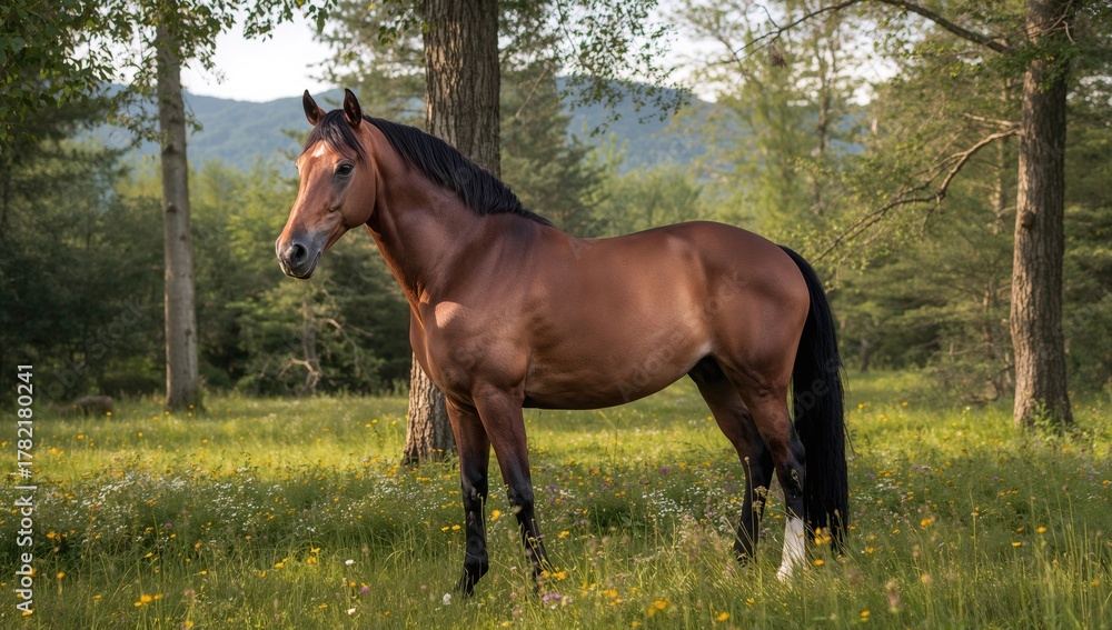 Fototapeta premium Arabian horse in wooded area, showcasing natural habitat and tranquility