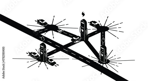 Futuristic smart city intersection with autonomous vehicles and charging stations