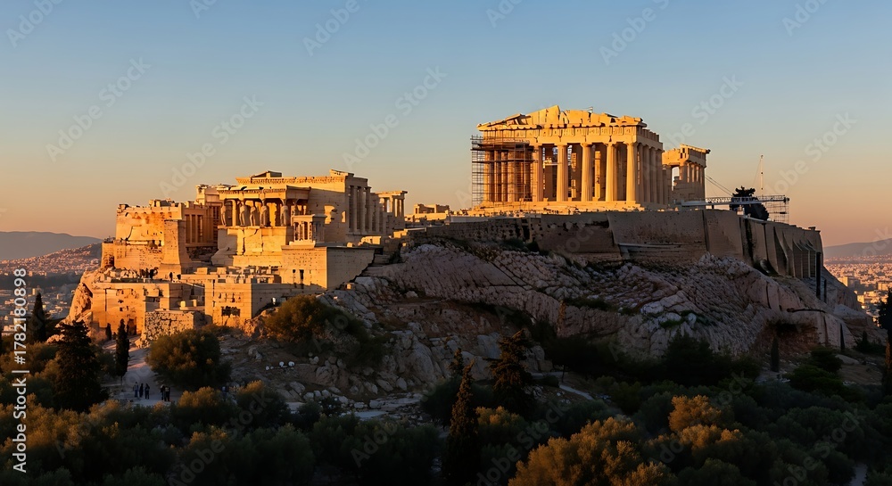 Fototapeta premium Ancient Acropolis of Athens with Parthenon Temple at Golden Hour Sunset.