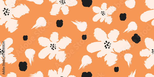 Stylish seamless floral pattern featuring cream white flowers and black accents on bright orange background, ideal for fabric, wallpaper, and packaging design. vector illustration