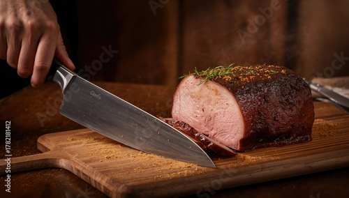 Fototapeta Naklejka Na Ścianę i Meble -  Chopped knife and roast pork on wooden table, efficient cooking tool for culinary preparation