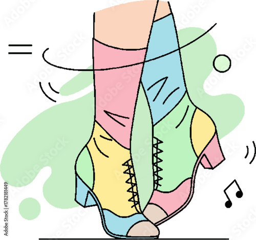 Dynamic vector art of dancing legs adorned in cheerful, multicolored boots, symbolizing freedom, rhythm, and vibrant movement, ideal for design concepts