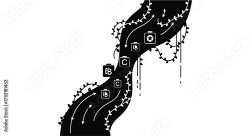 Flowing river with decorative lights and camera icons representing creative process