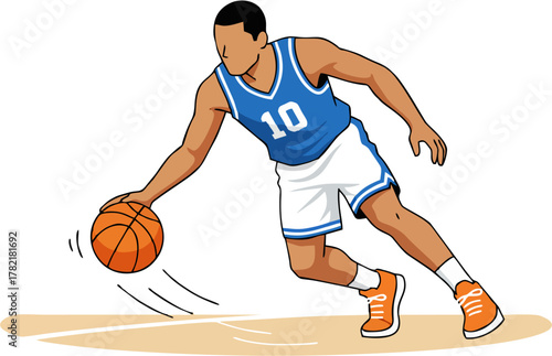 Dynamic graphic illustration of a male basketball player actively dribbling the ball, capturing the essence of sports action and athleticism on the court with vibrant energy
