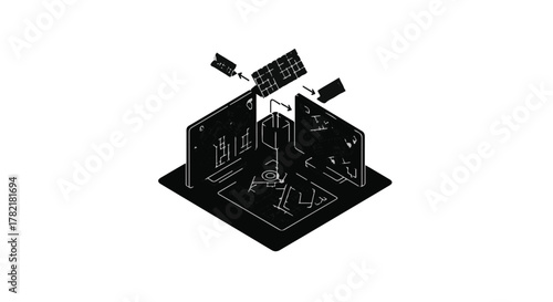 Abstract architectural model assembly with geometric shapes and lines on a dark surface