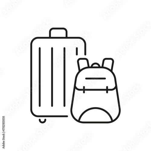 Luggage And Backpack Line Icon. Travel And Adventure Essentials Outline Symbol. Vacation Packing, Journey Preparation, And Tourism Equipment. Editable Stroke. Isolated Vector Illustration