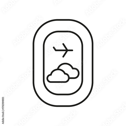Airplane Window View Line Icon. Travel And Aviation Experience Outline Symbol. Flight Journey, Cloudscape, And Airplane Outline Icon. Editable Stroke. Isolated Vector Illustration