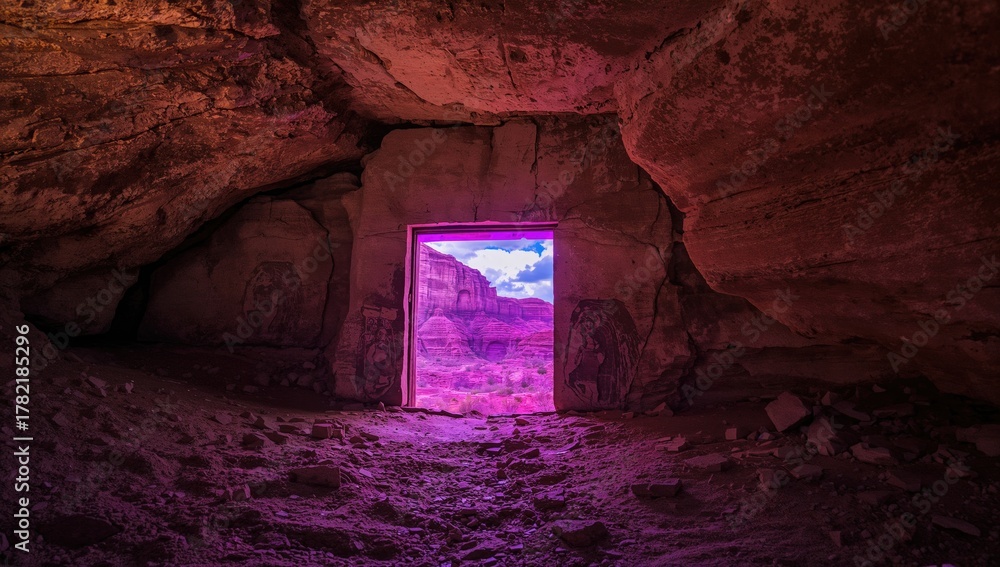 Fototapeta premium Gateway to another dimension in a desert, framed in stone with intricate carvings, seasonal change