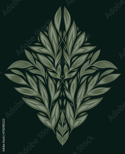 Vector symmetrical leaf ornament in deep green tones. Elegant nature-inspired design with stylized foliage and calm palette