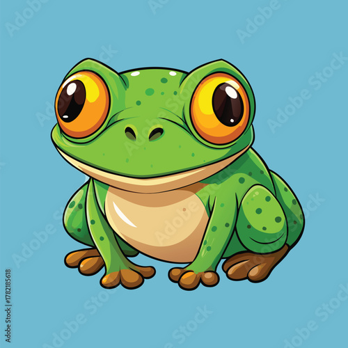 A cute little frog with glossy moist skin and large adorable eyes.