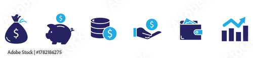 Money and finance icons, wallet with cards, piggy bank, coins, and cash symbols, financial growth and investment elements, business concept in flat vector style.