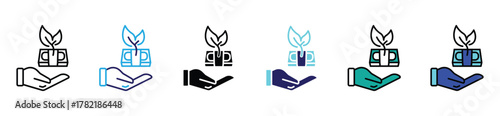 Money and finance icon set — hand holding dollar, savings, and investment vector illustration