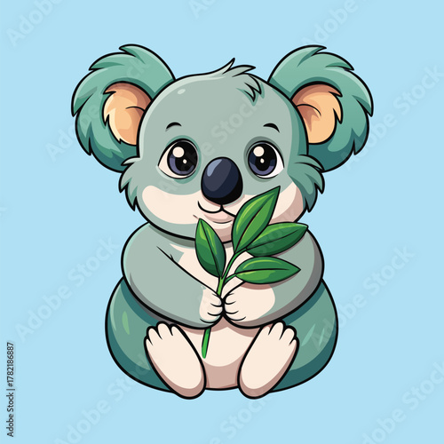 A tiny koala hugging a small eucalyptus leaf.