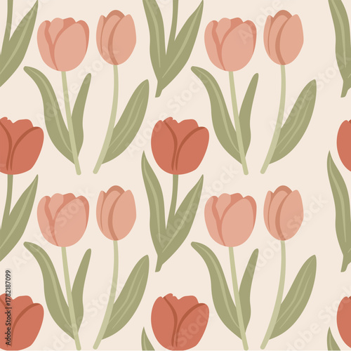 Wallpaper Mural Hand-drawn seamless pattern with vintage tulips Torontodigital.ca