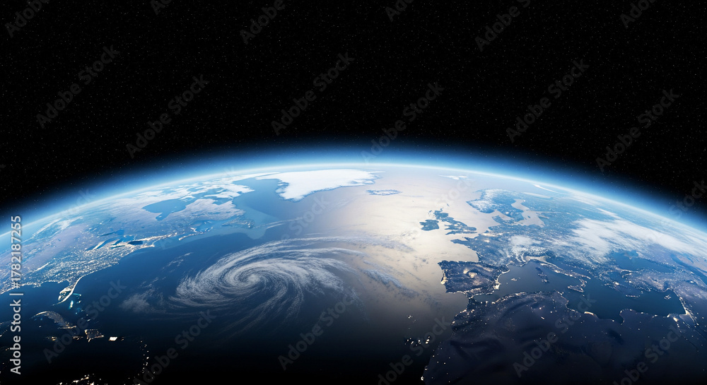 Fototapeta premium Breathtaking orbital view of Planet Earth at night, with a massive hurricane swirling over the ocean and illuminated city lights on continents