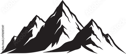 Striking black and white silhouette of rugged mountain peaks with sharp dramatic ridges and snowy accents against a clean white background