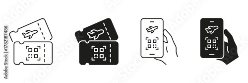 Airline Ticket And Mobile Boarding Pass Icon Set. Digital Travel, E-Ticketing, And Qr Code Check-In Outline And Silhouette Symbol Collection. Isolated Vector Illustration