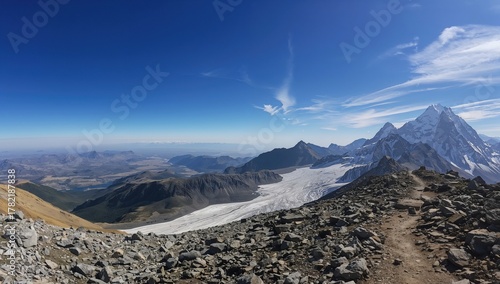 Himalaya trekking above 5000 meters, stunning glacier view with snow-covered peaks, natural beauty and adventure