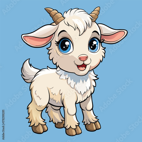 A cute baby goat with soft white fur standing calmly 