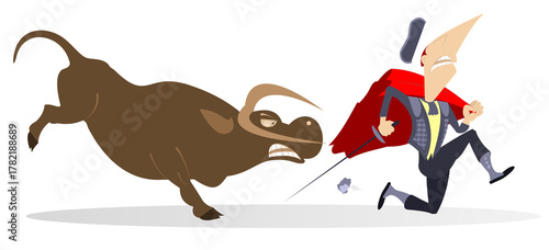 Bild auf Leinwand Angry bull chasing a frightened bullfighter with a sword and matador cape