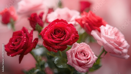 Cluster of crimson and blush roses adorned with droplets of water